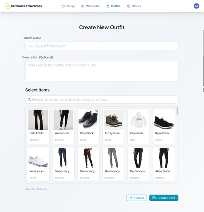 Creating a new outfit manually with Caffeinated Wardrobe